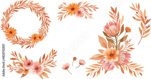 Bohemian watercolor floral wreath and arrangements with pampas grass and dried flowers