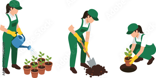  Professional female gardener planting and caring for seedlings in pots, watering young plants with a can, digging soil with a shovel, and transplant