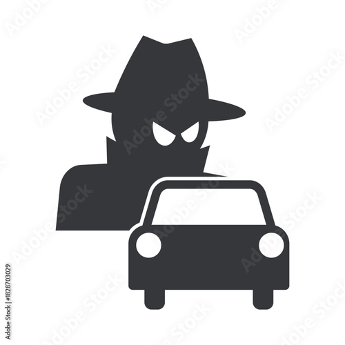 Isolated pictogram of a car with a mysterious hat-wearing intruder silhouette, symbolizing vehicle burglary risk, security alert, crime warning, and theft prevention.