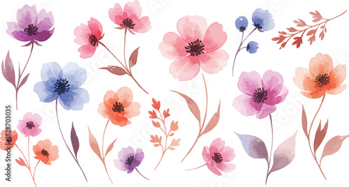Watercolor floral arrangement of delicate pink purple and blue flowers and leaves