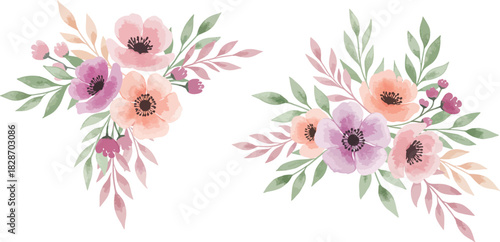 Soft pastel watercolor floral arrangements with delicate leaves