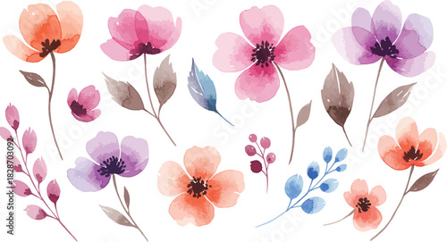 Collection of delicate watercolor flowers and leaves in soft pastel colors