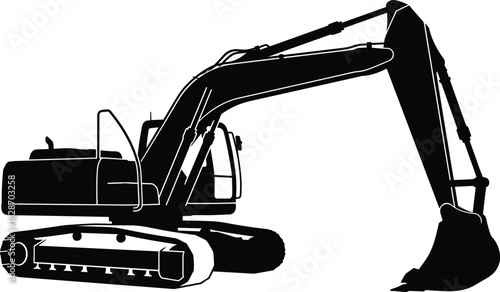 Black silhouette of heavy excavator construction machine, isolated on white background, industrial digger vector illu