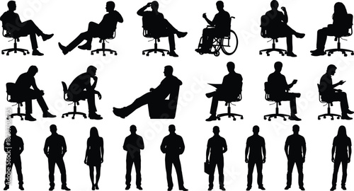 Business People Silhouettes Sitting in Office Chairs and Standing, Including Disabled Person in Wheelchair, Vector Set Isolated on White for Office and Corporate Design.