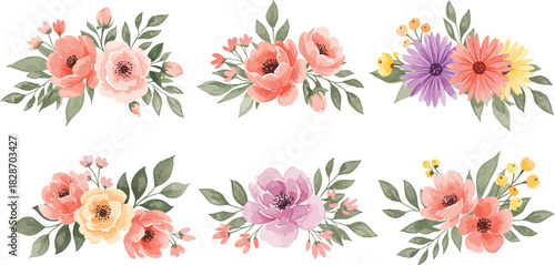 Collection of six beautiful watercolor floral arrangements with soft pastel colors