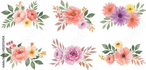 Collection of six watercolor floral arrangements with soft pastel colors