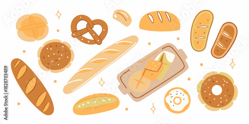 Variety of baked goods and bread in a flat lay illustration