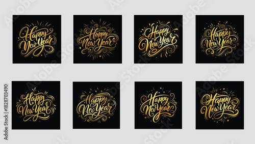 Elegant Collection of Golden Happy New Year Greetings on Black Background