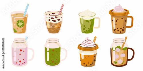 Collection of cute cartoon style drinks with straws and toppings