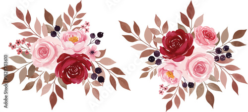 Two romantic watercolor floral bouquets with pink and burgundy roses and autumn leaves