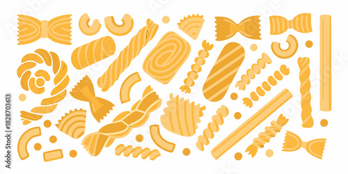 Variety of pasta shapes illustration on white background italian food concept