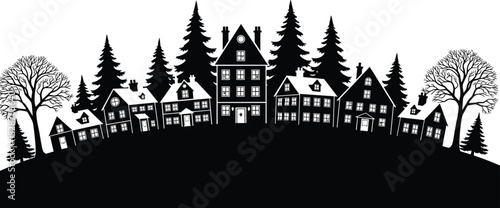 Christmas Village Town Silhouette on Hill with Houses and Pine Trees, Black Vector Border Illustration Isolated on White Background for Winter Holiday Design.