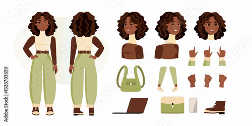 Character creation kit african american woman with curly hair and accessories