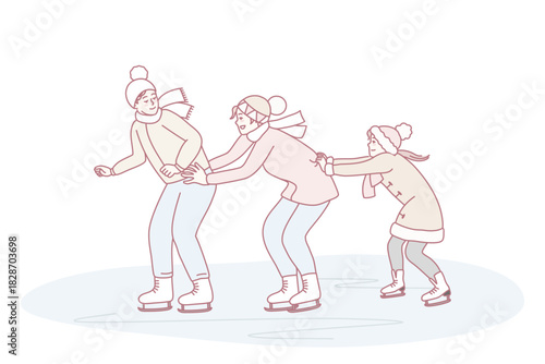 Happy family have fun skating on ice rink on winter holiday together. Smiling parents with child enjoy sport activity on weekend. Vector illustration.