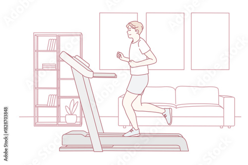 Young sportive man in sportswear running on racetrack at home. Toned motivated male do sports training indoors. Physical activity. Vector illustration.
