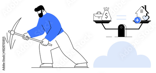 Wealth balance concept. Visual ethical choices between monetary gains and health priorities. Wealth balance as a symbolic evaluation of life values. For business ethics, health equity, financial