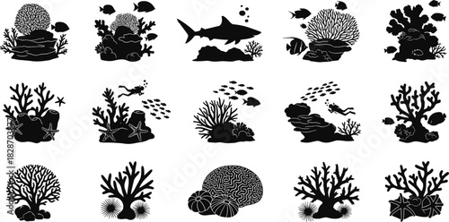 Coral reef silhouettes collection, underwater marine life icons including shark, fish, diver, starfish, sea urchin, black and white vector set.