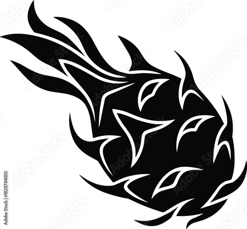 Stylized black silhouette of a dragon fruit with jagged scales and leafy crown