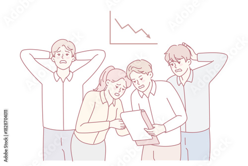 Stressed businesspeople frustrated with bad financial statistics. Unhappy employees worried with finance crisis. Work problems. Vector illustration.