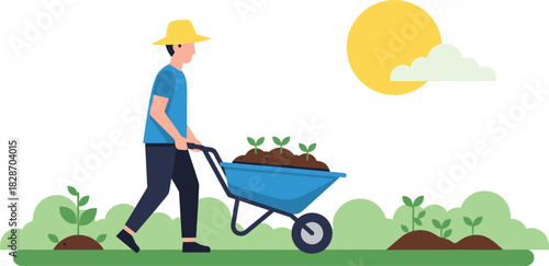 Young male farmer in straw hat pushing wheelbarrow full of fertile soil and new green seedlings, gardening outdoors in sunny weather with sun and cloud, agricultural work and spring planting concept