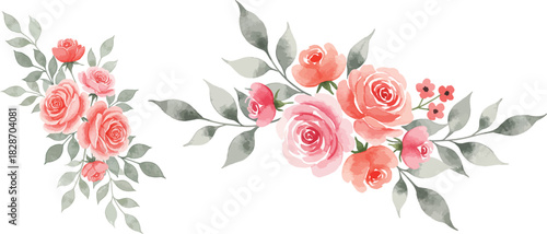 Watercolor floral arrangement of pink and orange roses with green leaves
