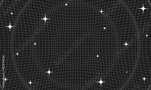 Synthwave wireframe net illustration. Abstract digital background. 80s, 90s Retro futurism, Retro wave cyber grid. Deep space surfaces. Neon lights glowing. Starry background. Vector 3D Rendering