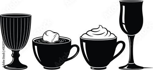 Drinkware icon set, coffee cup with marshmallow, cappuccino mug, wine glass, goblet silhouette, black and white vector illustration collection.
