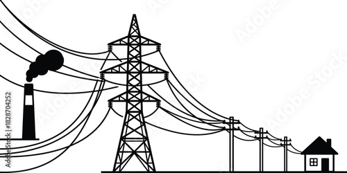 Electric power distribution scheme, energy plant to home connection, transmission tower and poles, black vector illustration.