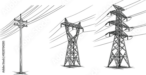 Electric power transmission towers and wooden pole sketch, high voltage grid infrastructure, black line art vector illustration set.