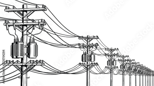 Electric utility pole row, power line perspective, transformers and wires, black and white vector illustration, energy infrastructure sketch.