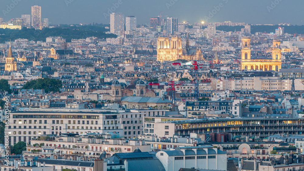 Obraz premium Aerial panorama above houses rooftops in a Paris day to night timelapse