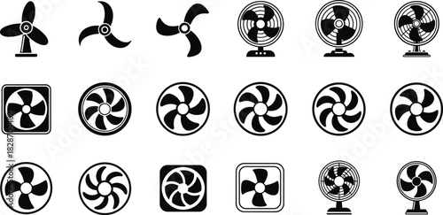 Fan icon set, electric cooling device symbols, black vector silhouettes of propellers, ventilators, and wind blowers isolated on white background.