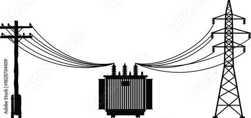 Electrical substation silhouette, power transformer connected to transmission tower and utility pole, black vector infrastructure illustration.