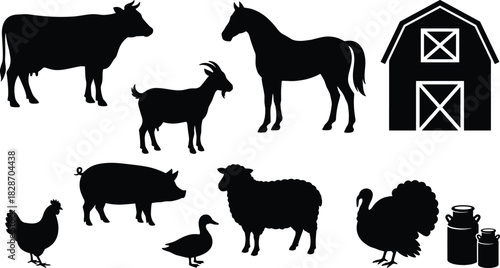Farm animals silhouette set, livestock and poultry vector collection, black barn and cattle icons isolated on white background.