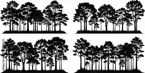 Forest tree silhouettes, woodland landscape vector set, black nature horizon, pine and oak grove background, panoramic collection.
