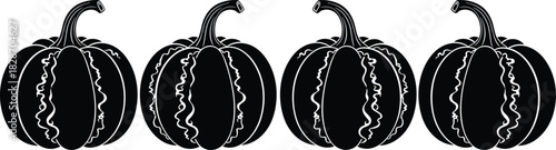 Four Black Pumpkin Silhouettes Vector Set with Stem, Isolated on White Background for Autumn Harvest Festival, Thanksgiving, and Halloween Design Elements.