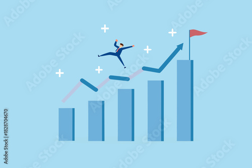 Businessman jumping over graph to reach goal business growth concept