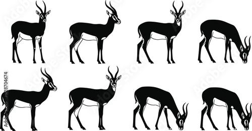 Gazelle silhouette vector set, black African antelope icons, wildlife nature illustration, safari animal grazing poses, isolated deer collection design