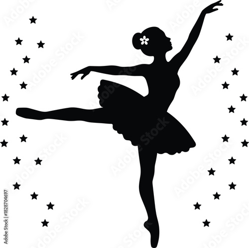 Graceful ballerina silhouette dancing arabesque, isolated on white with stars, vector illustration, cute ballet girl in tutu, dance studio logo design