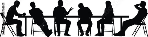 Group of people silhouette, sitting at table, talking and discussing, business meeting or casual gathering, black vector illustration isolated on white.