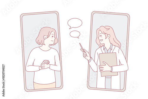 Young woman having online consultation on phone with doctor. Female patient talk with therapist on cellphone video call. Remote healthcare and medicine. Vector illustration.