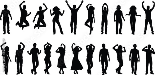 Group of Young Adults Silhouettes Jumping, Dancing, and Cheering with Hands Raised, Vector Collection Isolated on White Background for Celebration and Party Energy.