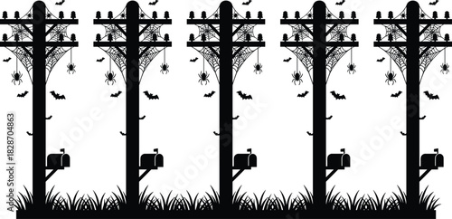 Halloween utility pole border, spooky silhouette row with spider webs, bats and mailboxes, black vector illustration isolated on white.
