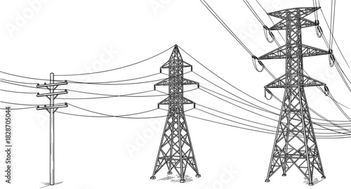 High voltage transmission towers and wooden utility pole sketch, electric power lines infrastructure, black line art vector illustration.
