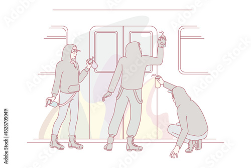 People painting subway train with graffiti. Vandals drawing subculture art with aerosol paints on train. Vandalism and sabotage concept. Vector illustration.