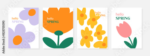 Set of vector illustrations featuring colorful spring flowers on greeting cards with "Hello Spring" text. Includes various floral designs in bright orange, pink, and purple hues.