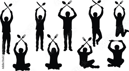 Hungry people silhouettes, holding spoon and fork crossed over head, waiting for food, restaurant dining concept, black vector set.