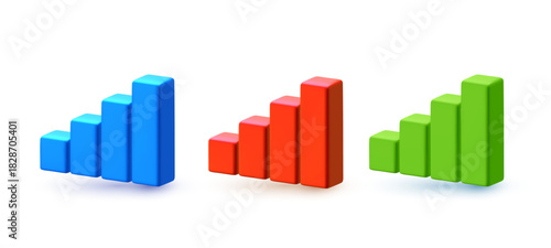 Vector set of financial realistic illustration of different color data bar chart. 3d style design of business step graph icon. Different level growth scale graph