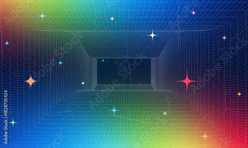 Synthwave wireframe net illustration. Abstract digital background. 80s, 90s Retro futurism, Retro wave cyber grid. Deep space surfaces. Neon lights glowing. Starry background. Vector 3D Rendering