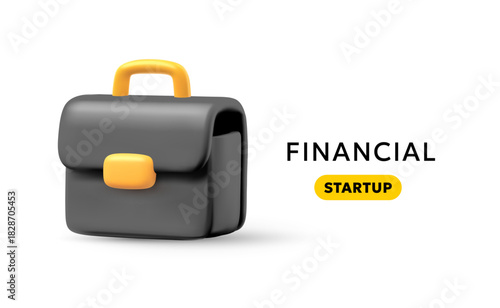 Vector illustration of black office work briefcase. 3d style template design of male work bag for portfolio and document with lock. Business brief case icon with text space